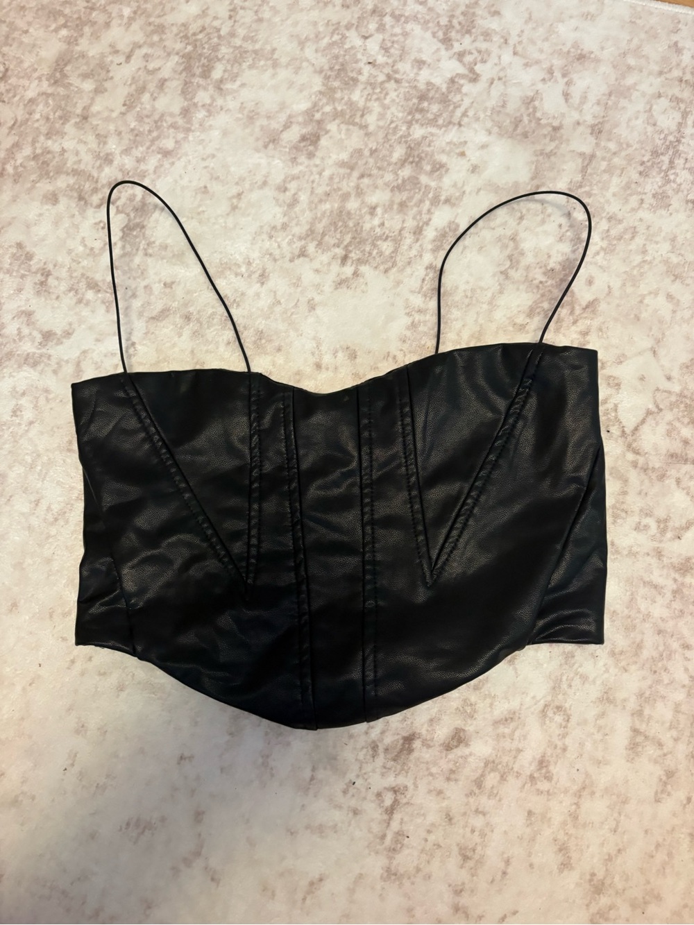 Olivaceous Black Faux-Leather Corset Crop Camisole